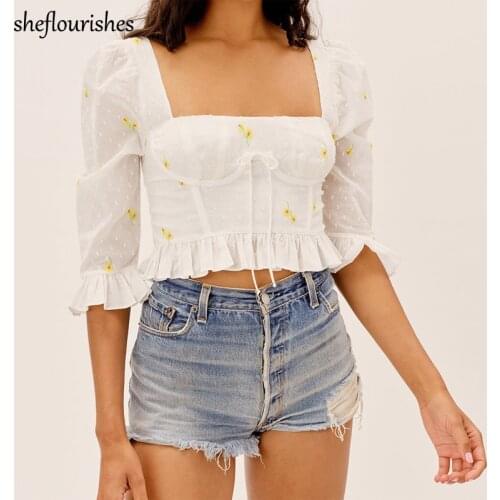 Kawaii shirt women 2021 summer blouse vintage floral embroidered shirt slim square neck top sexy cotton shirt white zipper