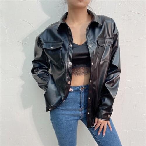 2021 Spring Fall Fashion Women Solid Color Jacket Adults PU Leather Textured Long Sleeve Coat with Pockets Shirt
