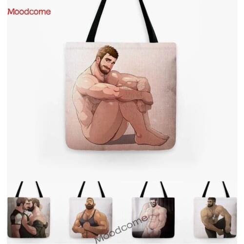LGBT Parade Art Shoulder Tote Bag Sexy Hot Muscle Man Guy Gym Art Water Resistant Cotton Linen Gay Grocery Shopping Canvas Bag