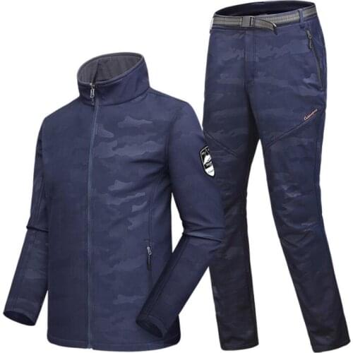Autumn Winter Outdoor Ski Mens Soft Shell Jacket Suits Camouflage Windproof Warm Hiking Windbreaker Jacket + Soft Shell Pants
