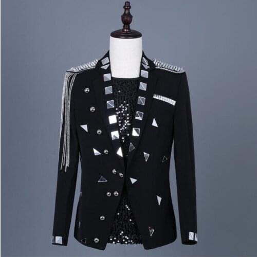 Patterned lens blazer men suits designs tassel jacket mens stage singers clothes dance star style dress punk masculino homme