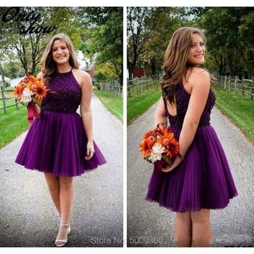 New Purple Short Homecoming Dresses Halter Backless Beads Tulle Juniors Mini Prom Party Gowns Sweet 16 Cheap Plus Size Cocktail