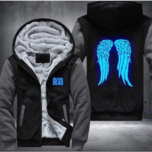 New The Walking Dead Luminous blue Hoodie Zombie Daryl Dixon Wings Winter Fleece Mens Sweatshirts USA Size