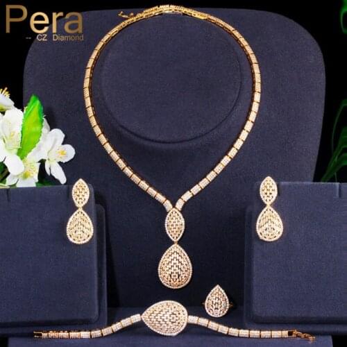 Pera Noble Bridal Wedding Party 4Pcs CZ Jewerly Set Luxury Dubai Gold Tear Drop Earrings Necklace Bracelet Ring for Women J351