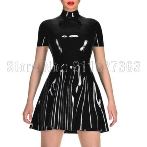 100% Natural Handsome Latex Dress Back Zipper Rubber Short Sleeves Pleated Skirt Party Night Club Wear Customized