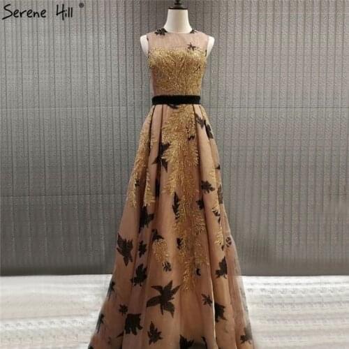 Dubai Luxury Gold Sequined A-Line Prom Dresses O-Neck Sleeveless Sexy Prom Gowns 2020 Serene Hill BLA70001