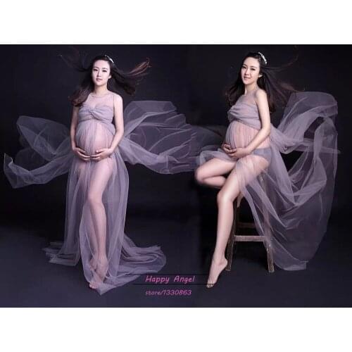 Chiffon Big Sale Silver Gray Gown Two Layer Maternity Photography Studio Pregnant Women Fancy Dress Outdoor Indoor Photo Shoot