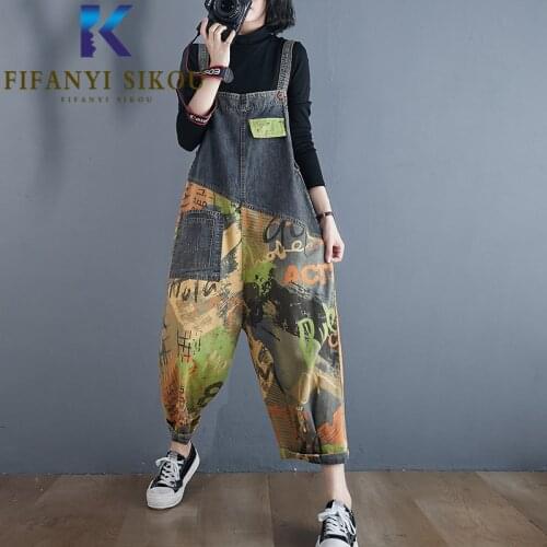 Spring Women Denim Jumpsuits Spliced Fashion Print Suspenders Jeans Plus Size Loose Denim Overalls Female Sleeveless Rompers