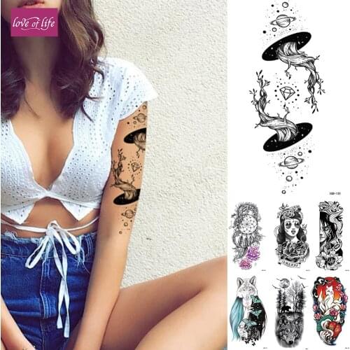 Waterproof Temporary Sticker Geometric Planet Tattoo Black Tattoos Body Arm Men Fake Tatoos Chains