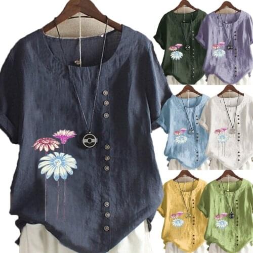 New Arrival Womens Summer Fashion Loose Flower Printed Linen T-shirt Casual Round Neck Short Sleeve Shirt Blouse Tops Plus Size