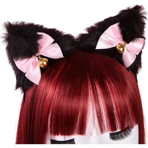 Women Sweet Lovely Anime Lolita Headband Cute Furry Plush Cat Ears Hair Hoop Bowknot Bells Hair Accessories Props for Party