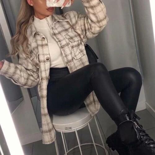 PUWD Vintage Woman Loose Camel Old School Plaid Shirt 2020 Fashion Ladies Autumn Oversized Outwear Female Casual Pocket Jackets