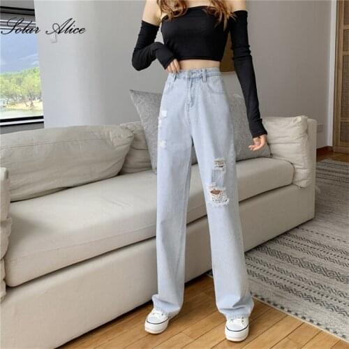 Free Shipping 2021 Spring And Summer Womens New High Waist Ripped Wide Leg Jeans Loose And Thin Straight Mopping Pants