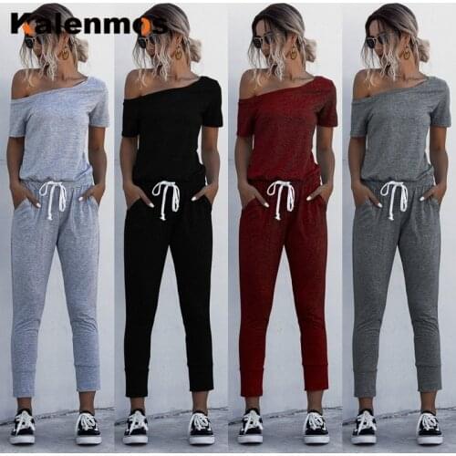 KALENMOS Plus Size Jumpsuit Women Summer Sexy Short Sleeve Solid Slim Overalls Long Romper Ropa Loose Work Leisure Tracksuits
