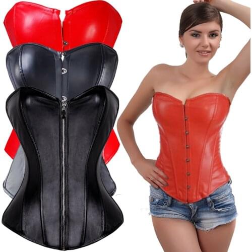 Plus Size Steampunk Corset Overbust Waist Trainer Corselet Sexy Corsets and Bustiers S-6XL Faux Leather Gothic Punk Black Solid