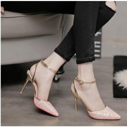 2021 Elegant Crystal Pointed Toe Wedding Shoe Womens Pumps Solid Flock Fashion Buckle Shallow High Heels Shoes for Women Hot