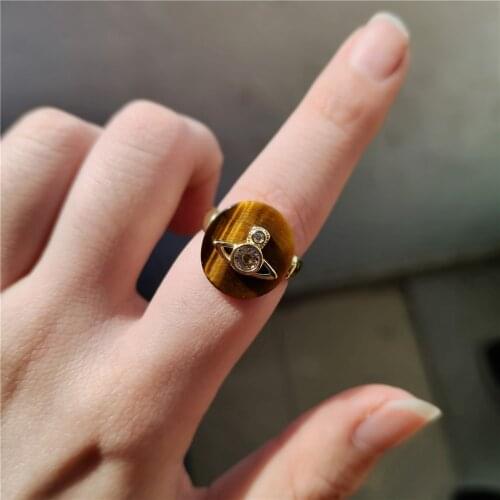 2021 Punk Metal Tigereye Stone Rhinestone Saturn Planet Open Rings Adjustable for Women Girls Party Jewelry Gifts