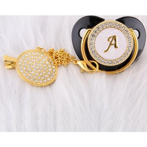 26 Name Initials Letter Bling Rhinestone Black Baby Pacifier Chain Clip/ Nipples /Dummy /Cocka /Chupeta Infant Shower Gift