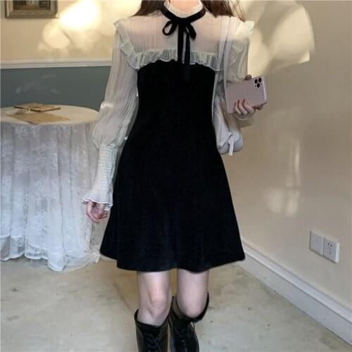 Black Gothic Lolita Dress Girl Lace Patchwork Ruffles Long Sleeve Party Mini Dress Women Victorian Vintage Sweet Cute Pink Dress