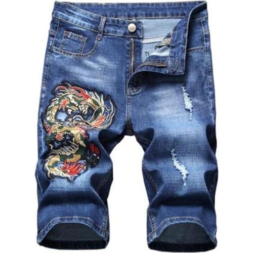 New Mens male fashion casual dragon embroidery patch denim shorts Summer trendy slim black blue ripped jeans Knee length Capri