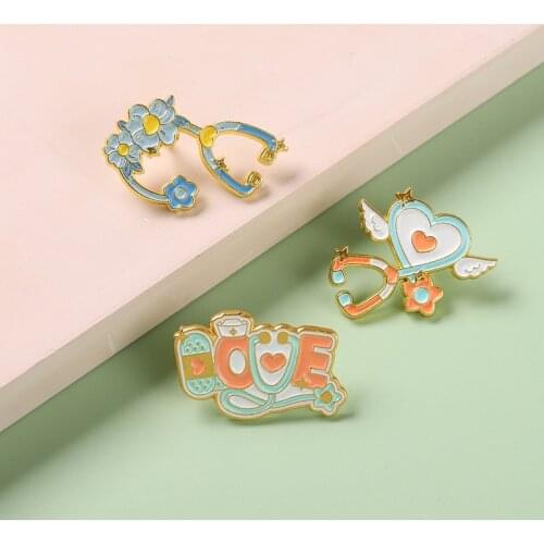 Heart Stethoscope Enamel Pin Angle Heart Floral Pill Brooches For Nurse Doctor Health Care Badges Medical Jewelry Rn Gifts