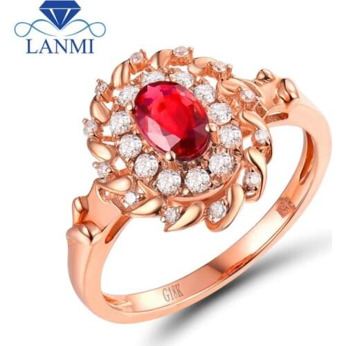 LANMI Luxury Ruby Rings Solid 18K Rose Gold Diamond Natural Ruby Anniversary Rings for Women Party Jewelry WU302C