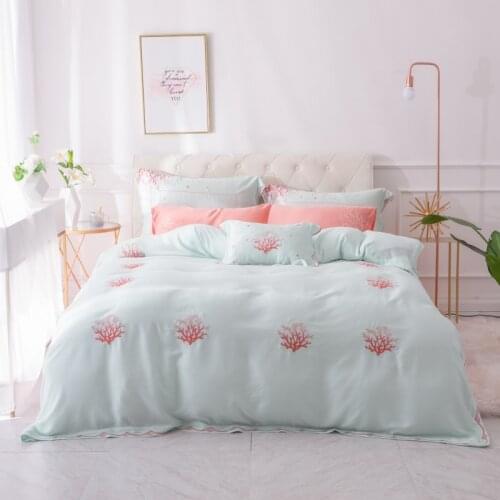Summer Tencel Coral Embroidery Duvet Cover Set green Bed Sheet Pillow Case Queen king Size Bedding Sets For Soft Bed Linen 4/7pc