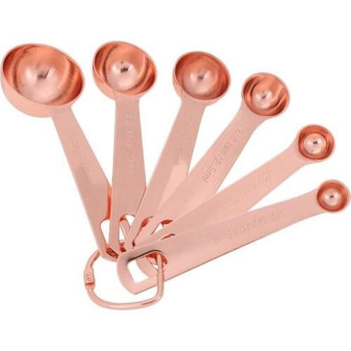 Rose Gold Measuring Spoons Set Of 6 -Plated Top-Quality Stainless Steel Mirror Polished Finish Dry And Liquid Ingredients Narrow