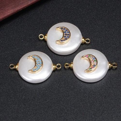 Micro paved mint deep blue mix cz gold new moon charm flat coin pearl beads connector for bracelet earring choker jewelry DIY