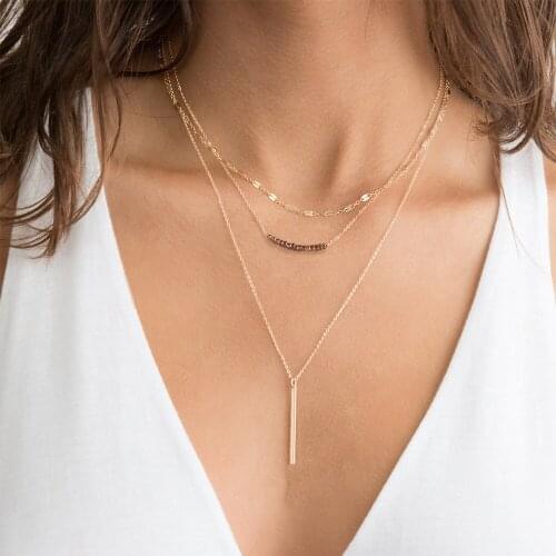 Fashion Multi Layer Crystal Chain Necklace Choker Pendant Bar Clavicle Necklace Jewelry Gift for Women Best Friends Party