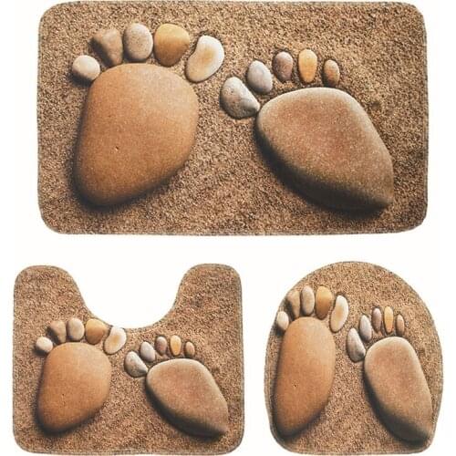 Zeegle Pebble Printed 3Pcs Bath Mats Set Bathroom Carpet Non-Slip Mat For Toilet Bath Rugs Lid Toilet Cover Bathroom Floor Mats