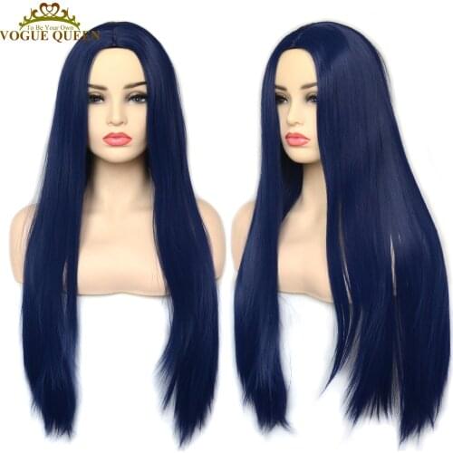 Vogue Queen Dark Blue Straight Synthetic Wigs Full Machine Made Wigs Heat Resistant Fiber Cosplay For Women