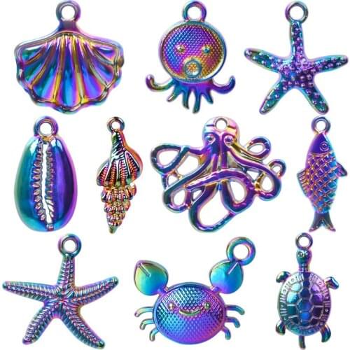 Mixed Shell Marine Life Rainbow Charm 10pcs/Lot Rainbow Crab Octopus Charms For Jewelry Making Accessories Pendants DIY Necklace