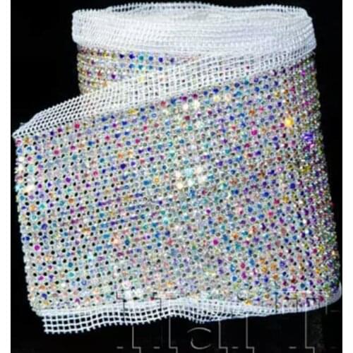 Factory Outlet Fashion 24 Rows Ab Color Crystal Diamond Mesh Trimming Rhinestone Chain Silver Base White Fabric Diy 5 Yards/Roll