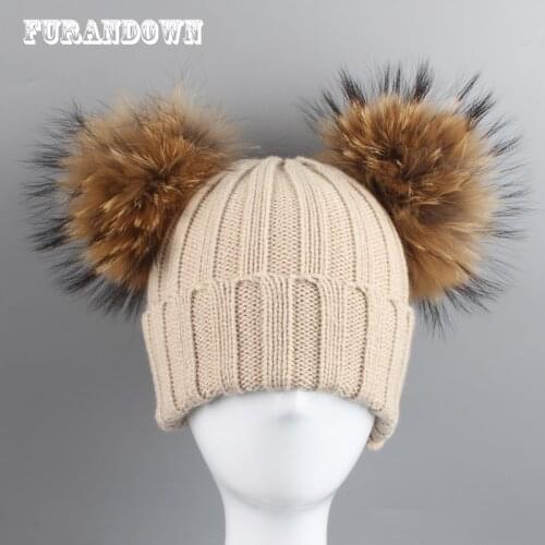 Parent-Child Winter Hats For Kids Real Raccoon Fur Pompom Hat Baby Cotton knitted Cap Boys Girls Skullies Beanies