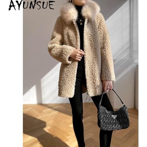 AYUNSUE Real Fur Coat Female 100% Wool Jackets for Women Autumn Winter Clothes Hooded Fox Fur Collar Fashion 2020 Ropa De Mujer