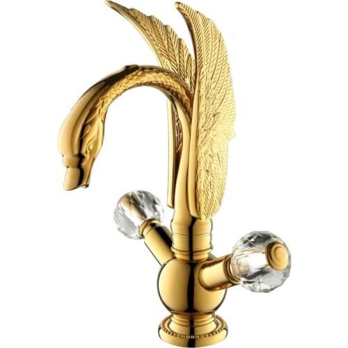 Swan Basin Mixer Faucet Gold Brass Bathroom Sink Faucets Single Hole Faucet Basin Taps Deck Vintage Wash Hot and Cold Mixer Tap