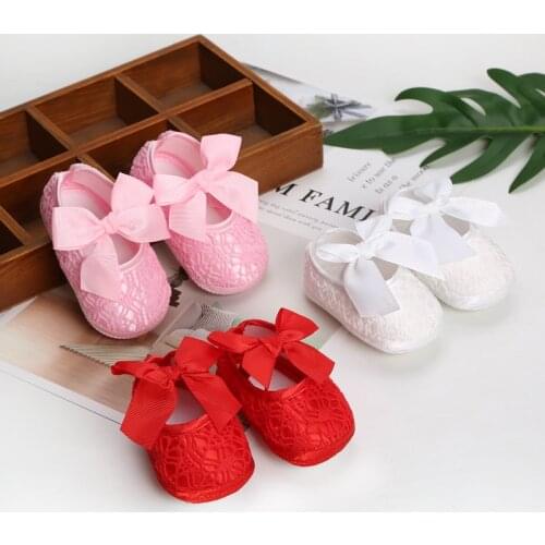 Newborn Cute Baby Girls Baptism Shoes Soft Sole Bowknot Princess Dress Shoes Non-Slip Comfortable Infant Prewalkers 0-12 Months