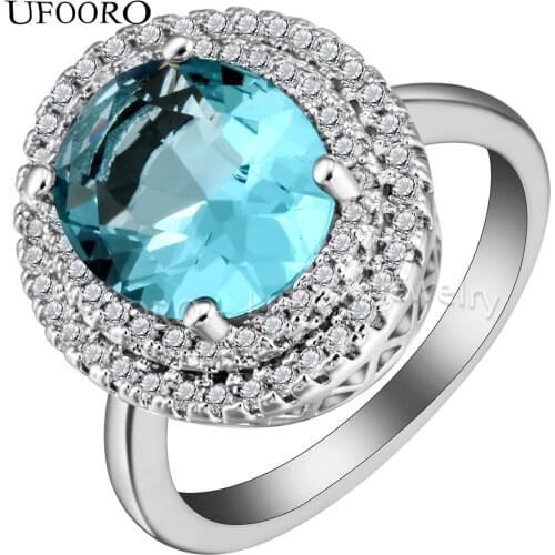 UFOORO round bule cut CZ Cubic Zircon crystal wedding band silver big ring for women engagement Party crystal Jewelry Rings size