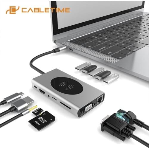CABLETIME USB C HUB to USB 3.0 Wireless Charging 10W RJ45 1000Mbps HDMI VGA SD/TF Card Reader Multi-function Converter H03
