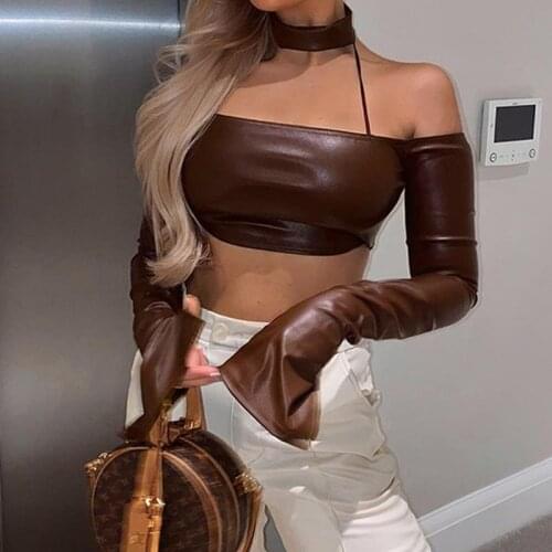 Party Club Women Fashion Off Shoulder Leather Top Flared Sleeves Split Halter Backless Sexy Slim Crop Top 2021 Spring Streetwear