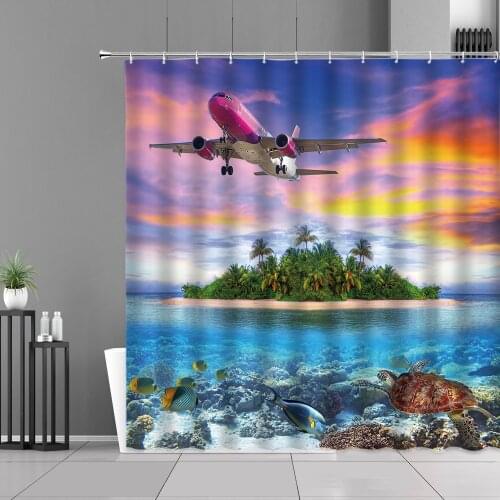 Airplane Seascape Waterproof Shower Curtain Set Sunset Scenery Dusk Isle Fish Sea Turtle Bathtub Deco Hanging Curtain With Hooks