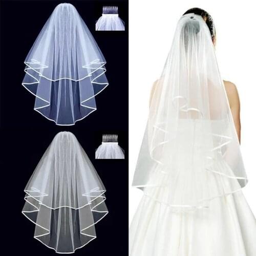 Women Short Tulle Bridal Veil Comb Wedding Accessories Mariage Two Layers White Ivory Simple