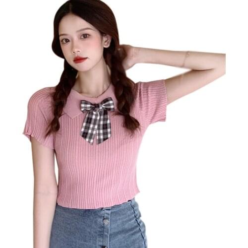 Women Summer Bow Short Sleeve Korean Fashion Black T-shirt Short Knitwear Shirts Female Tops Lapel Slim T-shirt White Tops