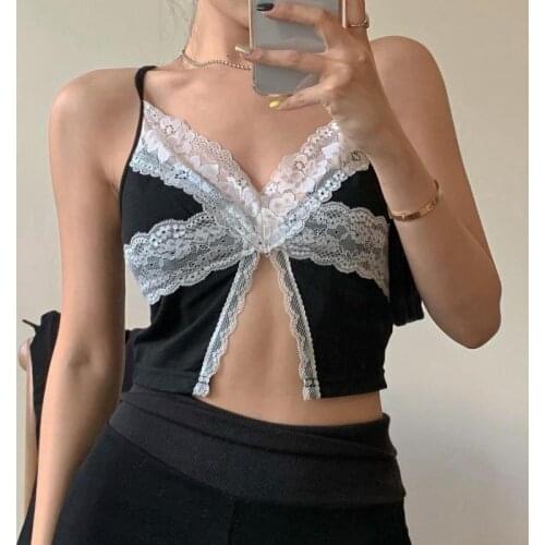 Women Sexy Summer Tops Vest Vintage Irregular Split Lace Black Tank Crop Top T Shirt Backless Short Blouse Crop Tank Tops