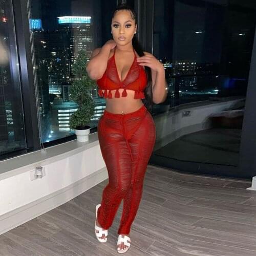 Womens Knited Suit Crochet Vacation Clothing Tassels Halter Backless Bra Tops and See Through Long Trouser Bikini Swimsuits