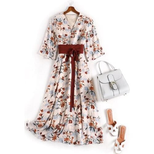 Wide belt floral printed female summer dress 2020 women plus size dresses 4XL 5XL half sleeve midi dresses JC72