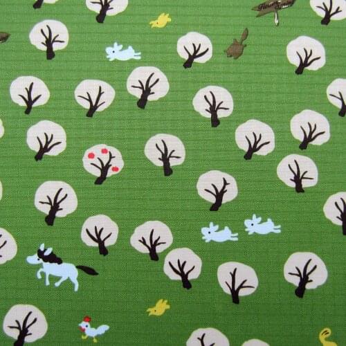 1 yard Polyester/PVC coated Waterproof Fabric for bag, handmaking, Small trees, animals and house on green (width=140cm)