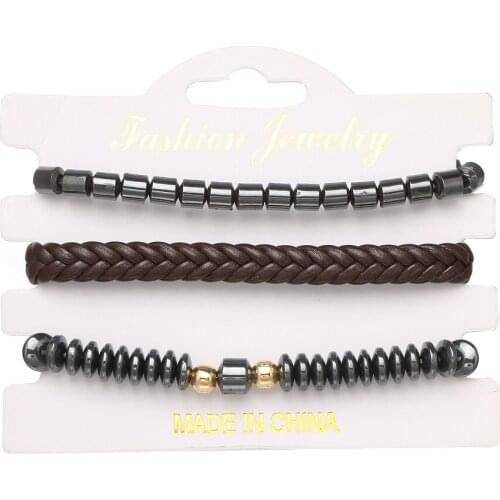 2021 Fashion Jewelry Hand Woven Multilayer Leather Bead Bracelet Charm Hematite Cuff Adjustable Bracelet Womens Pulsera