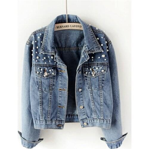 2021 Plus Size 5XL Denim Jacket Women Boyfriend Jean Coat Streetwear With Pearls Beading Vintage Autumn Basic Outerwear